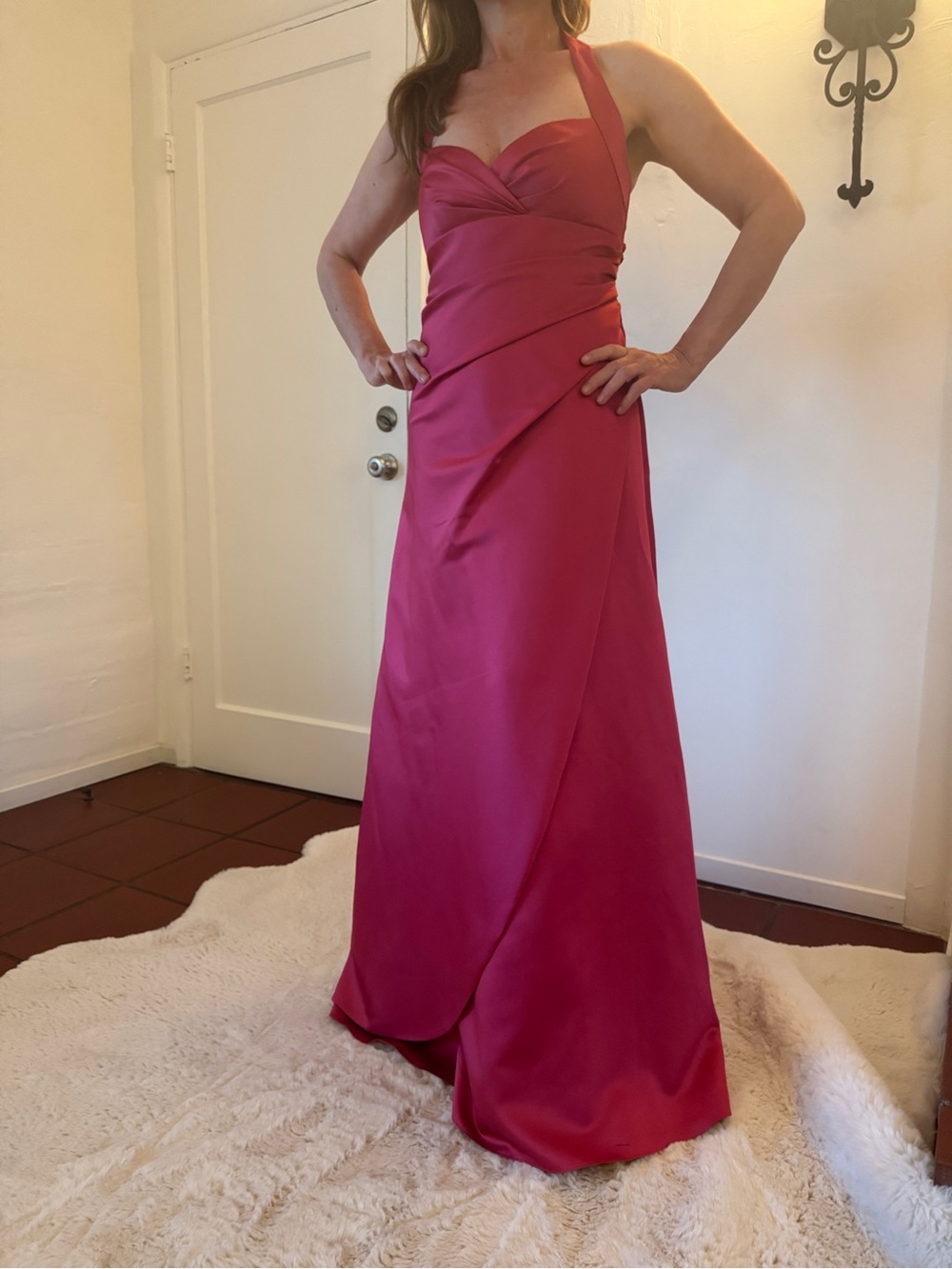David's Bridal One-Shoulder Fuchsia Pink Satin Evening Gown